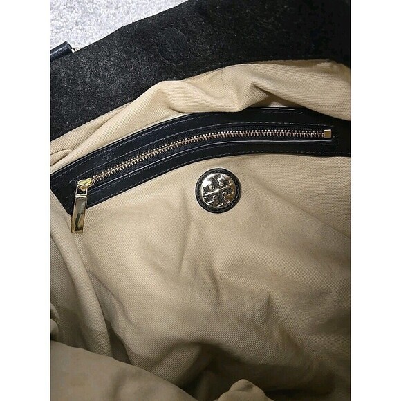 Tory Burch Ella Tote Felt Wool Leather Handbag Charcoal Gray Size Large - Picture 13 of 13